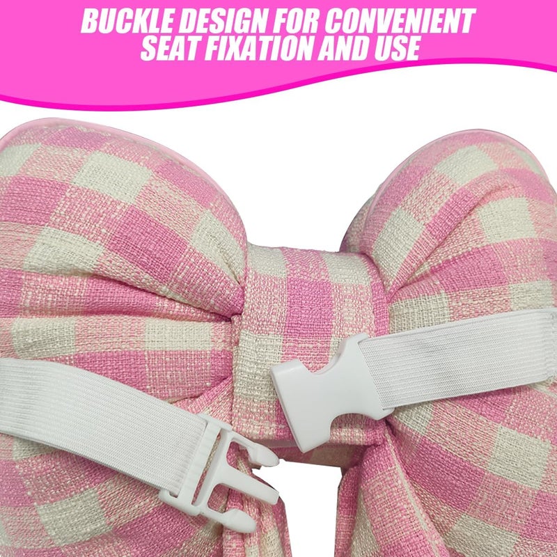 Bittwee Bow Car Headrest Pillow, Breathable Memory Foam Vehicle Neck Pillow with Adjustable Strap, Ergonomic Auto Neck Support Cushion for Pain Pressure Relief, Universal for Most Cars (Pink/Grid) - Image 3